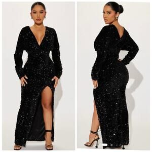 Fashion Nova One and Only Sequin Velvet Gown in Black Size Large NWOT